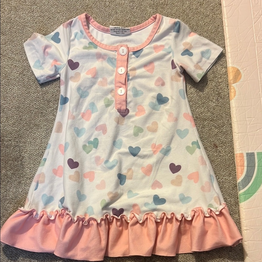 Pink and Blue Heart Pattern Nightgown with Ruffled Hem